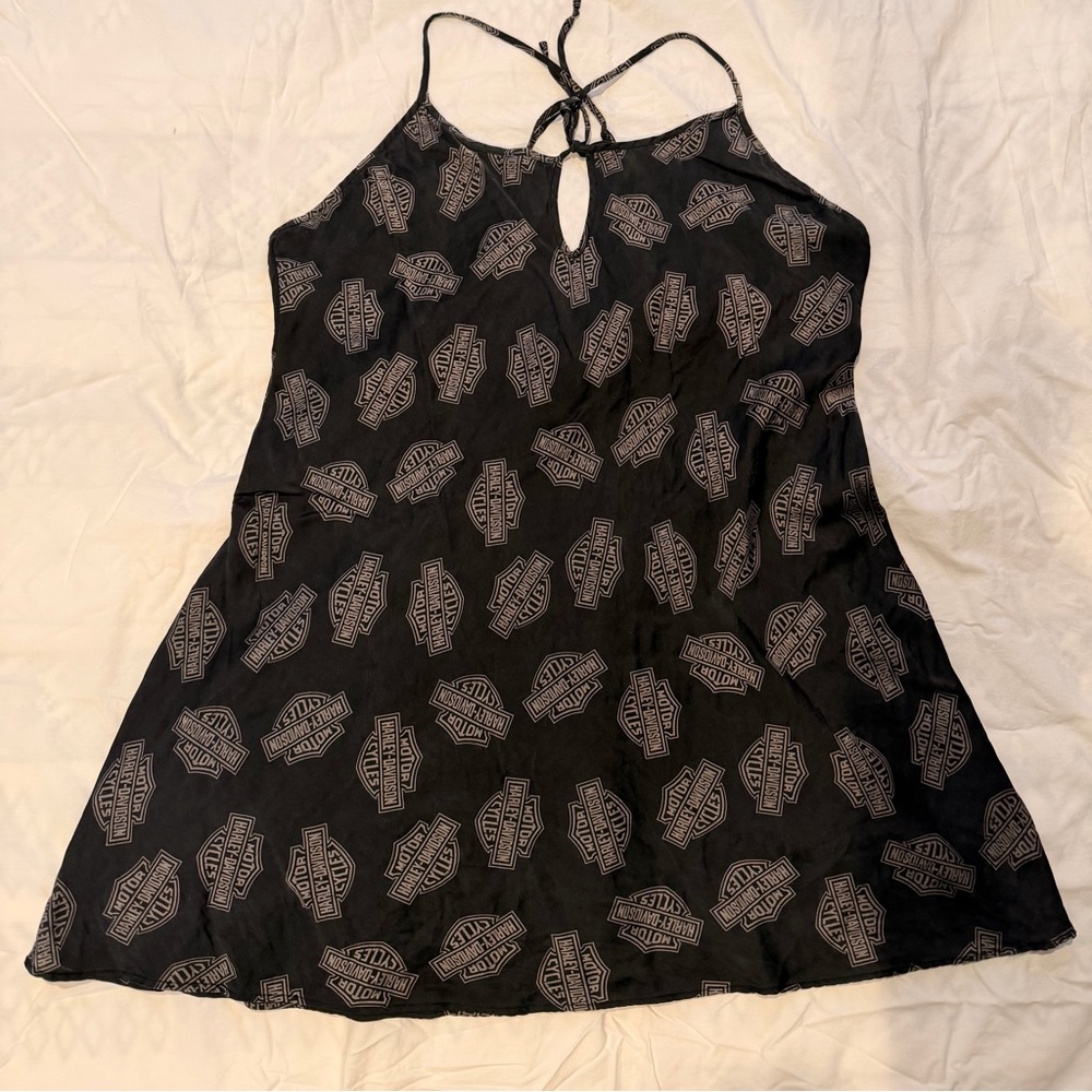 Vintage Harley Davidson Women’s Black Satin Slip Dress Logo Design Large